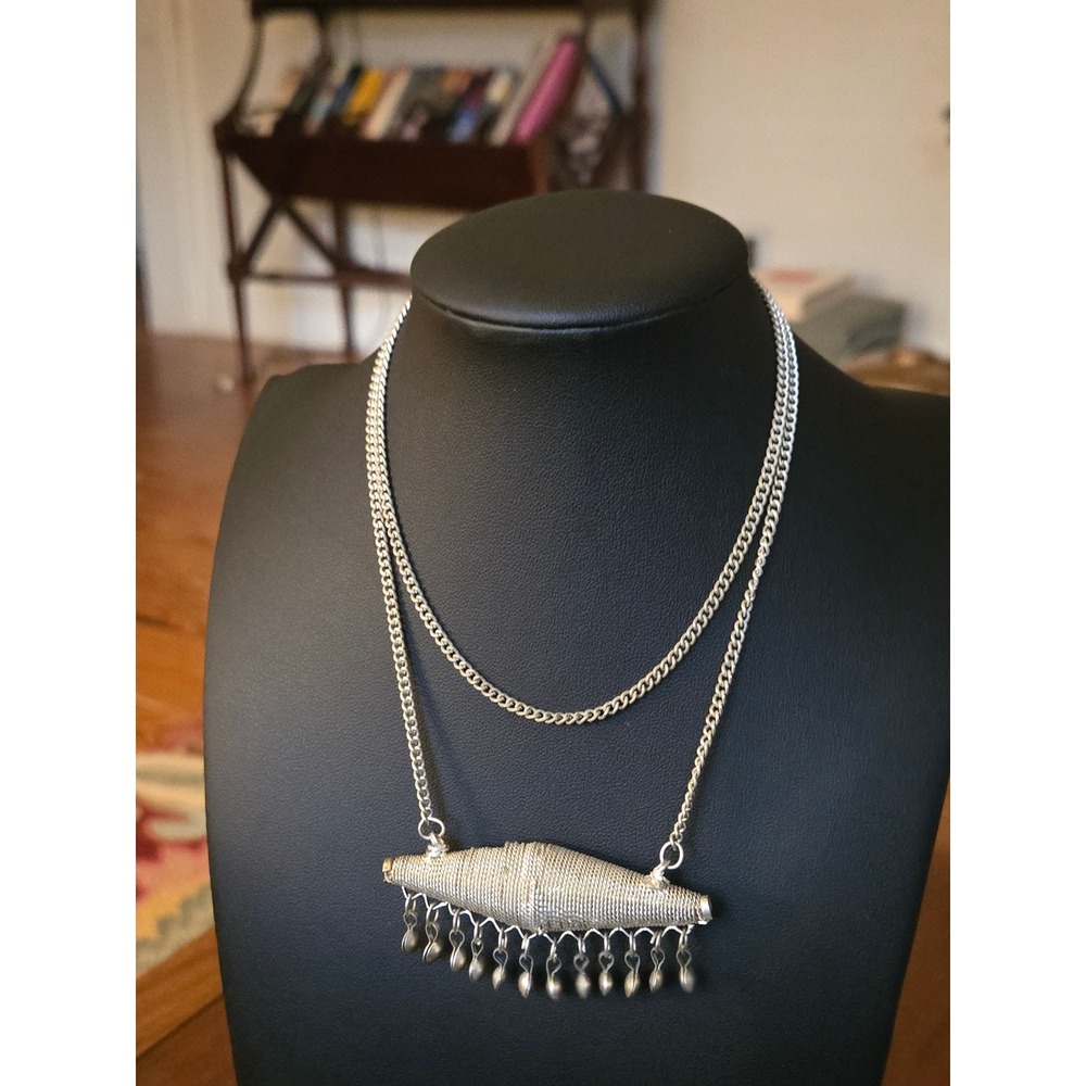 Artisan Oxidized Silvertone Traditional Tribal India Boho Dangle Necklace